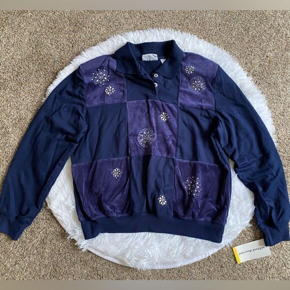 Alfred Dunner Navy Blue Velour Top New Long Sleeves Womens Size Medium - Picture 1 of 9